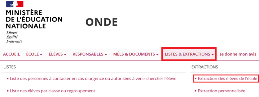 Listes & Extractions - Extraction des élèves de l’école